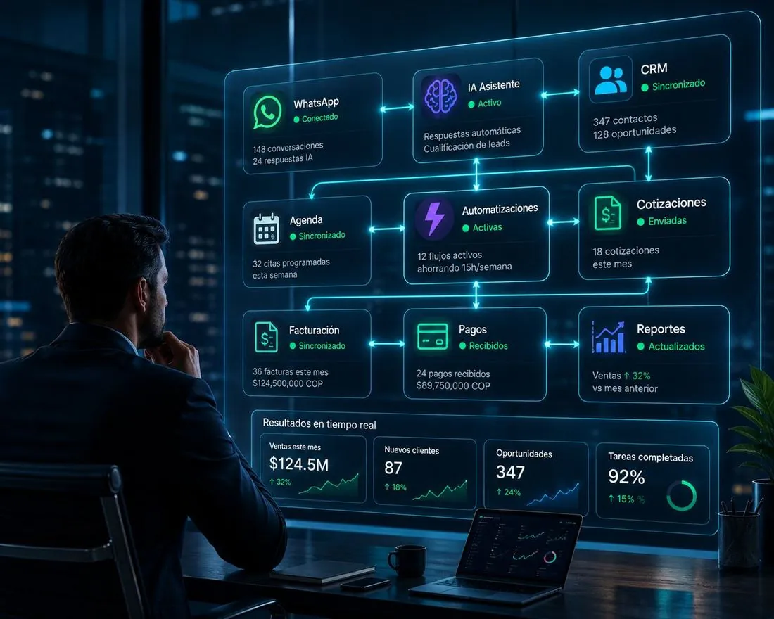 Panel del sistema Emp2Web: WhatsApp, IA, CRM, automatizaciones y reportes conectados